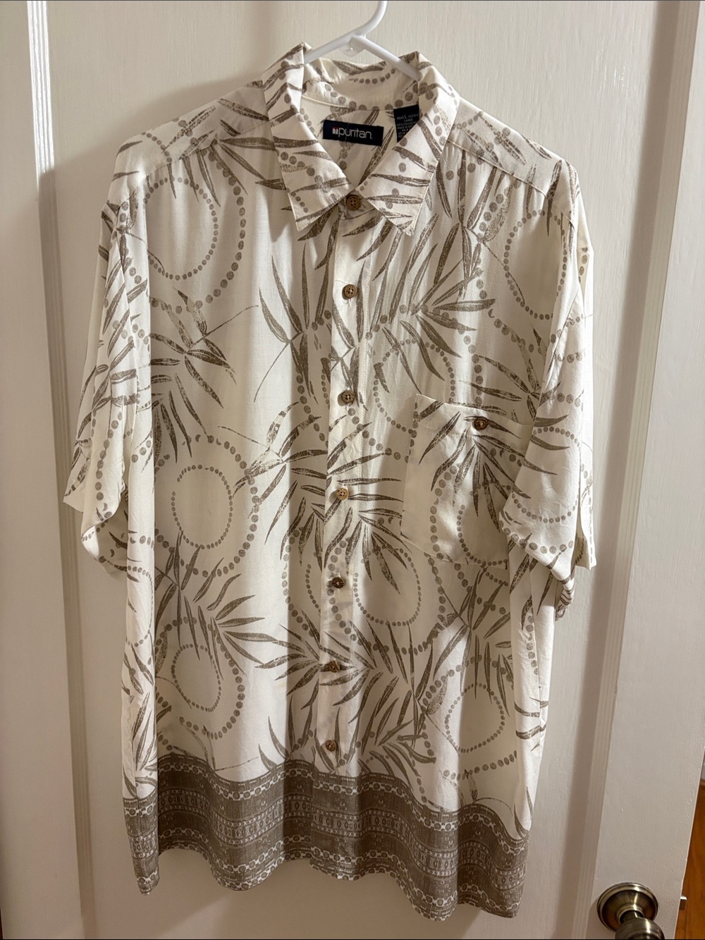 🆕 Puritan Men’s L Cream & Taupe Botanical Print Short Sleeve Button-Down Shirt